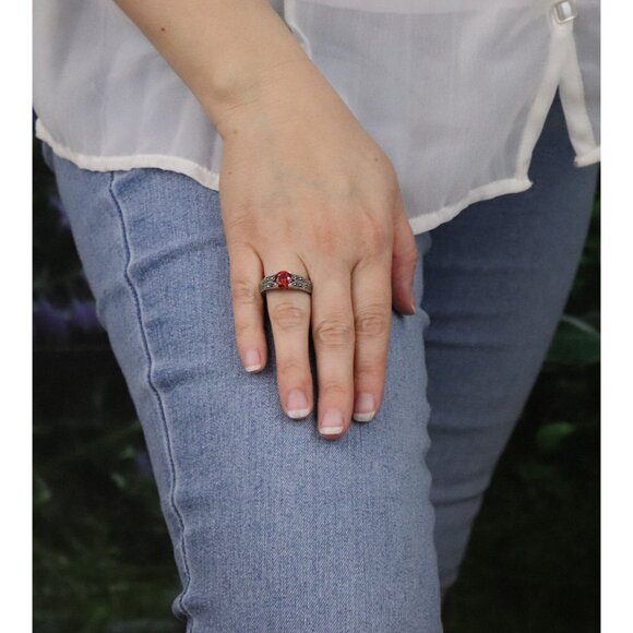 Sterling Silver Red Cubic Zirconia Marcasite Ring Size 8 - Picture 6 of 9